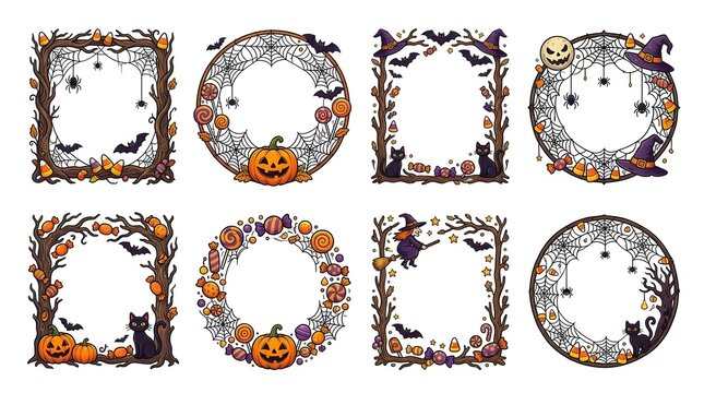 Set of halloween themed decorative frames and borders