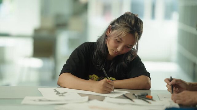 Close medium shot of fashion design students comparing sketches together at a shared table inside a modern university library with bookshelves behind