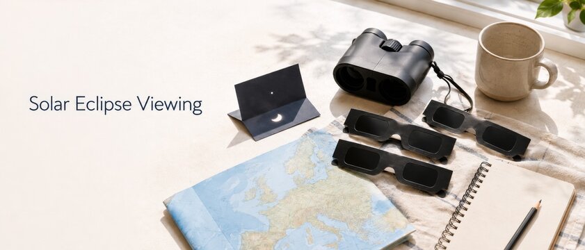 Solar eclipse preparation with Europe map, viewing glasses, and equipment on a table