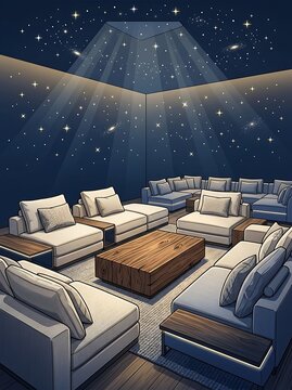 Futuristic living room featuring a galaxy ceiling and plush sofas