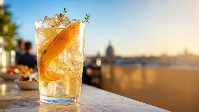 Citrus daycap drink with ice, orange peel and thyme on rooftop bar counter during golden hour, overlooking blurred city skyline, sparkling refreshment banner with copy space for summer advertising
