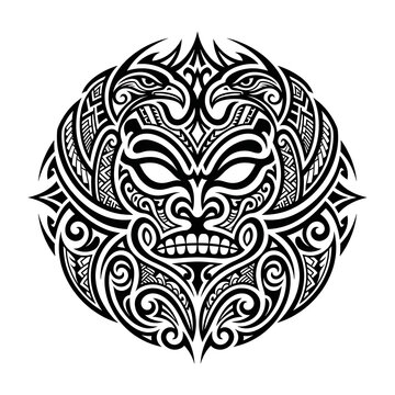 Traditional Maori Tribal Mask Illustration with Intricate Tattoo Patterns and Eagle Head Accents
