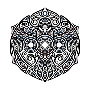 Ornate Celtic Raven Tattoo Design, Viking Crow Illustration with Intricate Tribal Patterns and Runes