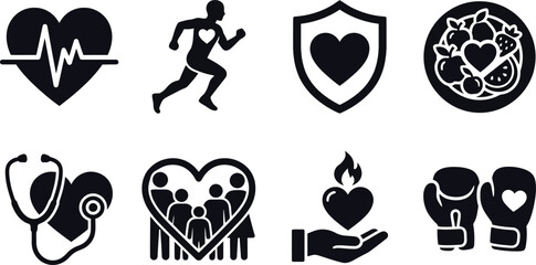 Fototapeta premium Health Icons Featuring Heartbeat Running Figure Shield And Fruit On Transparent Background heart