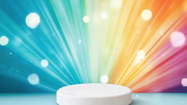 Vibrant rainbow light burst background with abstract bokeh effects and white pedestal