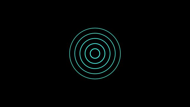 Bright cyan concentric circles forming a target or radiating waves on a dark black background signifying technology or a cool, focused concept