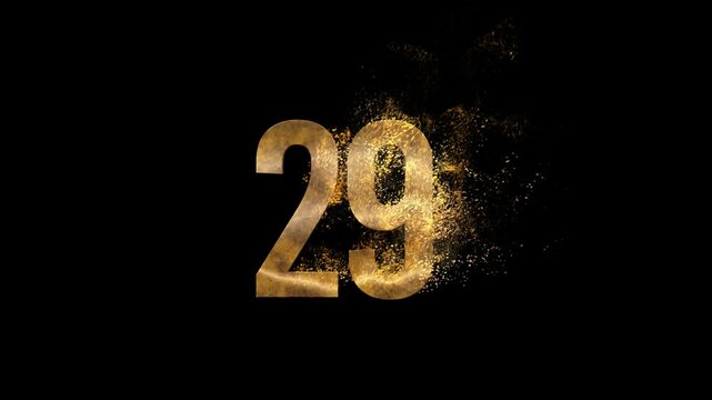 Beautiful Golden Number 29 with golden particles and transparent background, golden number twenty nine