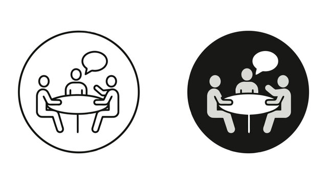 People conversing at round table with speech bubble icon set, conversation