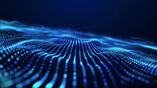 Data stream visualization displays intricate blue light patterns flowing across a digital landscape that represents modern connectivity and complex information networks within a virtual system.