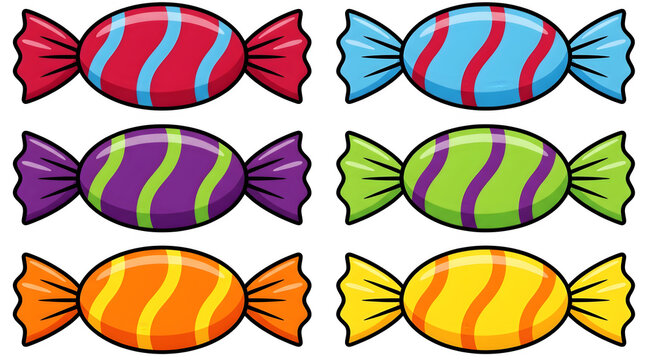 Vibrant collection of six colorful wrapped candies featuring striped patterns presented neatly on transparent background