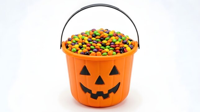 Halloween pumpkin bucket filled with colorful candy coated chocolates isolated on white background