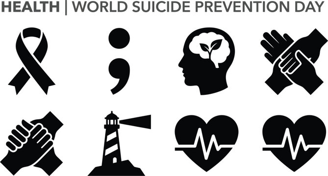 Collection Of Mental Health Icons Including Ribbon Semicolon And Heartbeat On Transparent Background