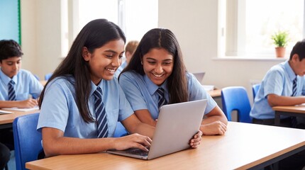 Fototapeta premium Two female students in school uniforms collaborate on a laptop at a classroom desk with classmates engaged in the background