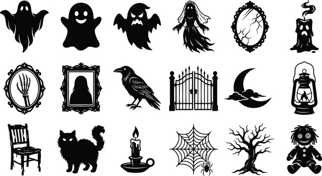 Black and white halloween-themed collection: bats, pumpkins, ghosts, witch hats, and more
