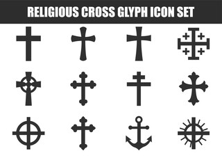 Fototapeta premium Religious cross glyph icon set: various Christian and anchor symbols for design.