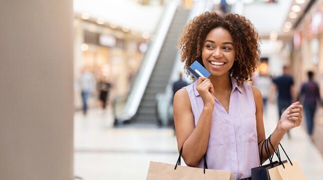 African American woman shopping in a mall holding a credit card and shopping bags, escalator and blurred shoppers in the background