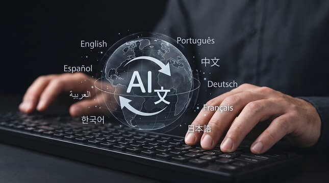 AI translation concept with globe and multiple languages