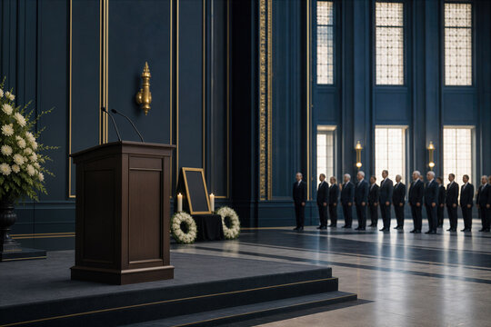 Empty ceremonial podium and flag draped casket memorial implied by wreaths in grand state hall with line of officials mourning sovereign leadership transition national mourning continuity of state