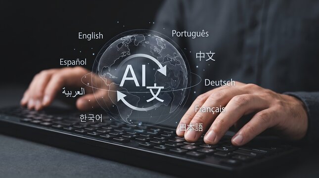AI translation concept with world map and multiple languages on keyboard