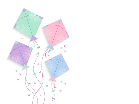  Minimalist festive greeting card design with four diamond kites in pastel colors with floral accents on pure white background