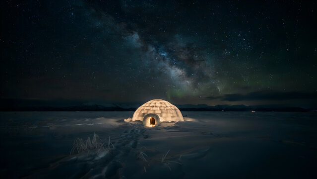 Glowing ice igloo under a bright starry night sky with the milky way galaxy in the frozen arctic winter landscape at night