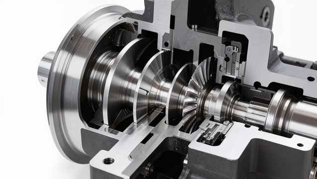 Centrifugal compressor impeller shaft assembly cross-section view, white background