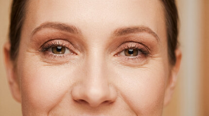 Obraz premium Natural eye makeup woman portrait soft brown eyeshadow beauty cosmetics everyday showing subtle look concept for lifestyle advertising skincare branding salon tutorials and confidence campaigns