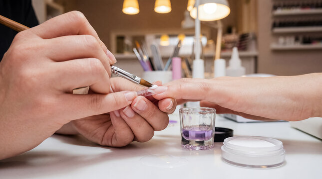 Acrylic nail extension sculpting manicure brush powder technician salon beauty precision process showing enhancement concept for nail service advertising training promotion and grooming campaigns