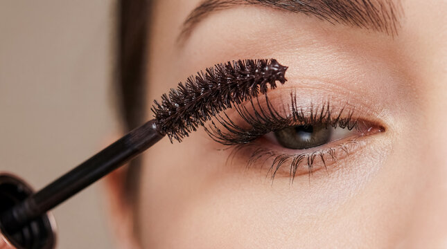 Mascara wand eyelashes application woman eye beauty cosmetics lengthening separation showing lash coating technique concept for product advertising makeup tutorials editorials and salon promotions