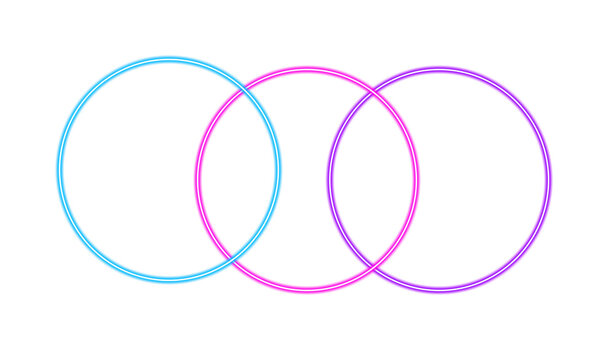 Three neon glowing circles overlapping isolated on transparent background