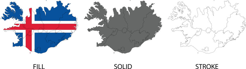 Obraz premium Iceland Map Silhouette Set with Flag Fill Solid and Outline Stroke