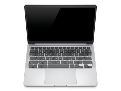 Modern silver laptop top view open screen isolated on white background mockup
