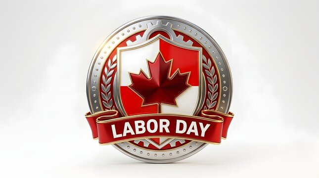 Labor Day badge with Canadian maple leaf emblem. Patriotic holiday seal for workers' rights and national celebration.