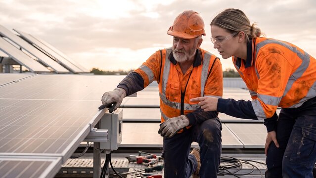 Two solar technicians working together on a rooftop photovoltaic array and wiring a junction box at sunset