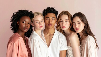 Fototapeta premium A diverse group of five young adults, including men and women of various ethnicities, standing together against a soft pink background, looking directly at the viewer.