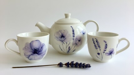 Fototapeta premium Tea set with floral art isolated on white background. Elegant cafe.