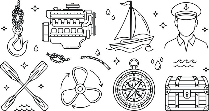 Marine maritime and nautical line art icon set with engine boat captain hook oars propeller compass and treasure chest