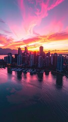 Fototapeta premium Panoramic view of a city skyline at sunset with vibrant pink and orange clouds reflected in the water.