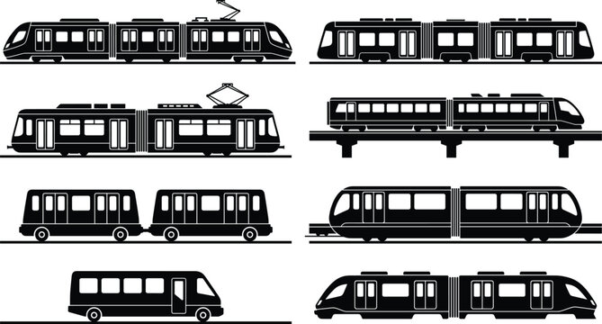 Modern city trams urban public transport vehicles and metro trains side view silhouette vector icon set