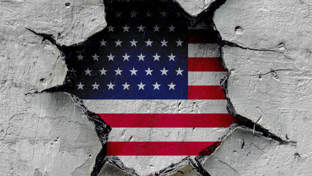 national flag of the United States of America is painted on an old wall with a large hole