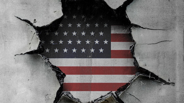 national flag of the United States of America is painted on an old wall with a large hole