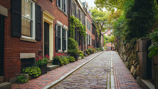 Brick townhouses stand along a narrow cobblestone path featuring lush green vines and potted plants, highlighting a peaceful and well-maintained historic residential street during the daytime.