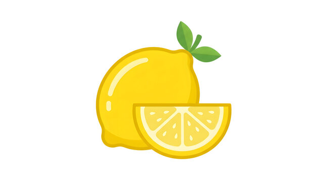 Bright yellow whole lemon with a fresh slice and green leaves depicted on transparent background