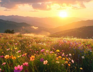 Obraz premium A vibrant wildflower meadow bathed in the warm glow of a setting sun.