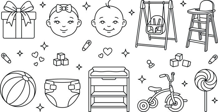Baby care and nursery essentials vector line art icon set with swing high chair diaper tricycle changing table