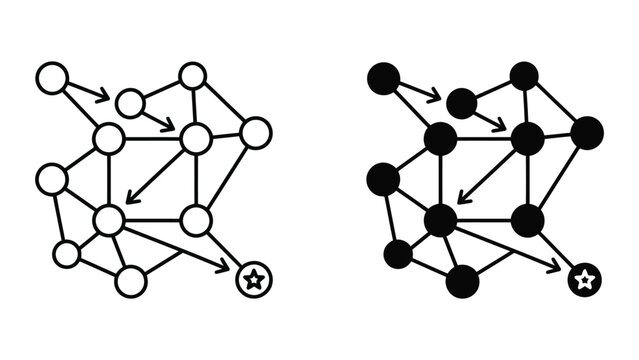 Network pathfinding and workflow process map icons with destination star
