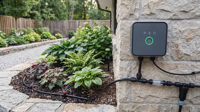 Man hand pressing a glowing green button on a smart irrigation controller mounted on a stone wall in a garden backyard