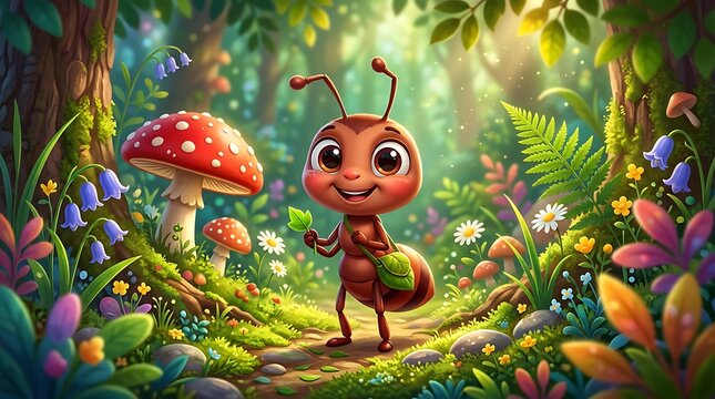 Cute ant character exploring a vibrant magical forest with mushrooms