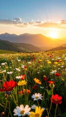 Fototapeta premium Golden hour illuminates a vibrant meadow of wildflowers at the foot of majestic mountains.
