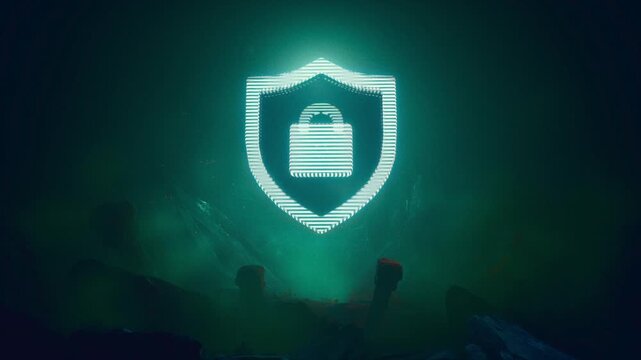 Vertical Cyber Security Shield With Lock Icon In Cyan Neon Glow Video Background